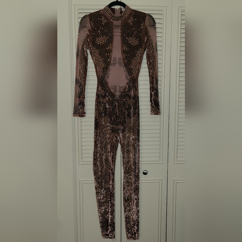 FashionNova Rhinestone Embellished Mauve Mesh Longsleeve Jumpsuit XS Extra Small